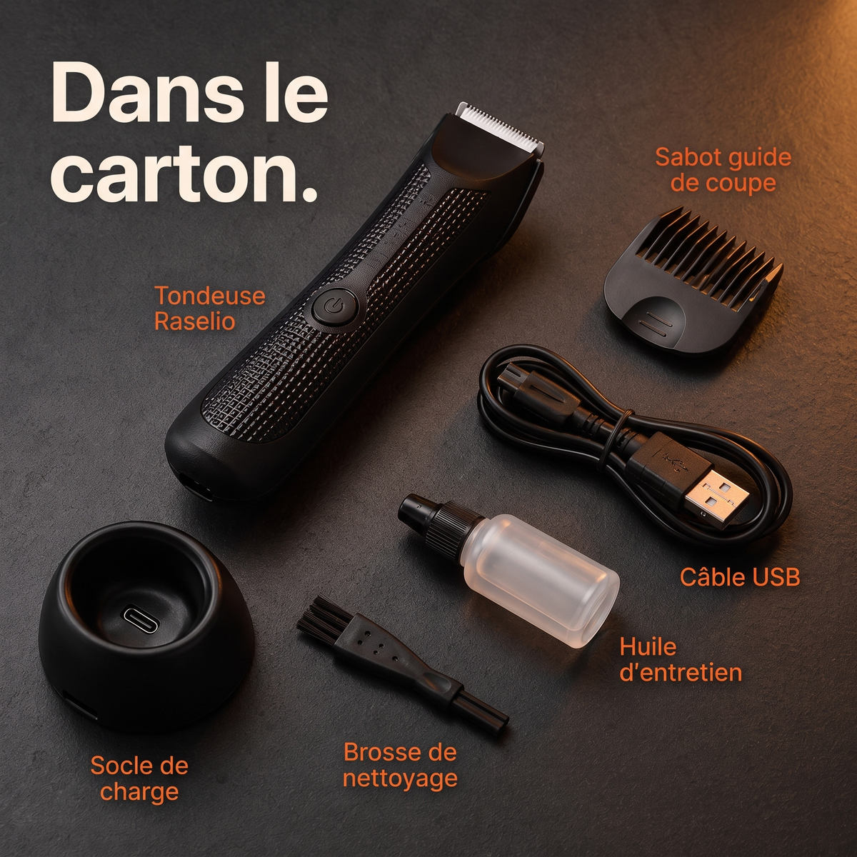 Contenu de la boite Raselio : tondeuse, sabot guide de coupe, socle de charge, cable USB, brosse, huile